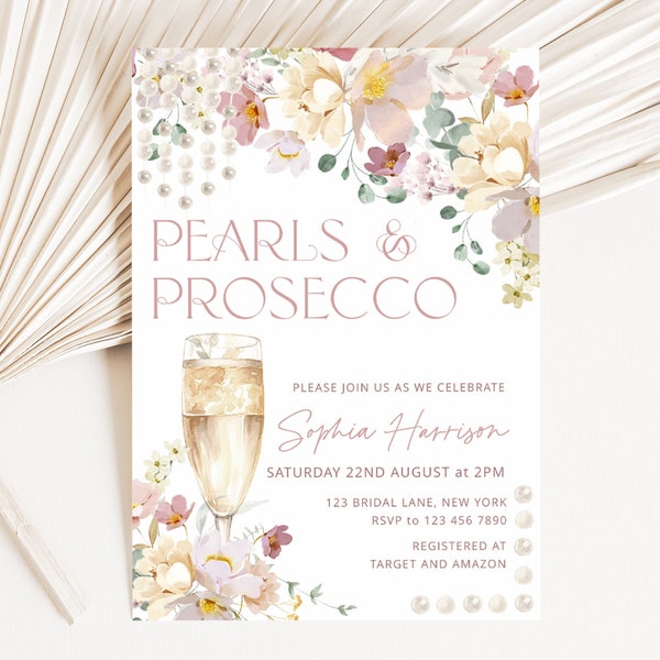 Pearls and Prosecco Bridal Shower Invitation, Floral Petals and Pearls Shower Invite, Pearls + Prosecco Wedding Shower, Editable - BRI5