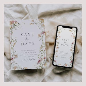 Floral Wedding Save The Date Evite Template, Wedding Save Our Date Wildflower Invitation, Save The Date Electronic Invite, Editable - LB01