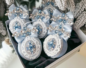Ornamenti natalizi con strass in velluto blu 3,15", decorazioni natalizie in velluto blu, palline di Natale blu, palline di Natale blu, decorazioni blu per l'albero domestico