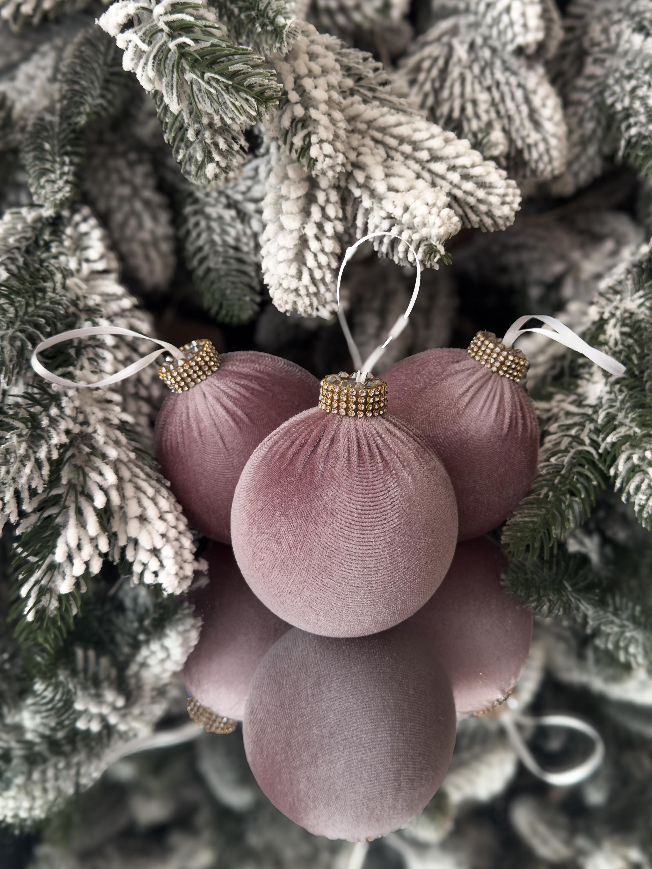 Weihnachtskugeln aus mauvefarbenem Samt, 8 cm/10 cm, staubige Kugeln, Weihnachtsbaumschmuck