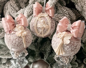 Rose Pink Victorian Christmas Ornament 4" Vintage Shabby Chic Holiday Tree Bauble Decoration