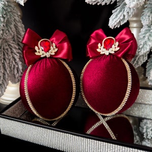 BURGUNDY CHRISTMAS ORNAMENTS  3,15&quot;,dark red velvet xmas balls, burgundy xmas decorations, burgundy rhinestone baubles for home tree