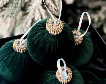 Velvet Christmas Ornaments 3.15” Emerald Deep Green Handmade Baubles Set of 5 Holiday Decorations