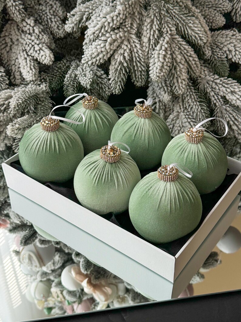 Sage Velvet Christmas 3.97ornaments,6pcs Set,olive Velvet Christmas
