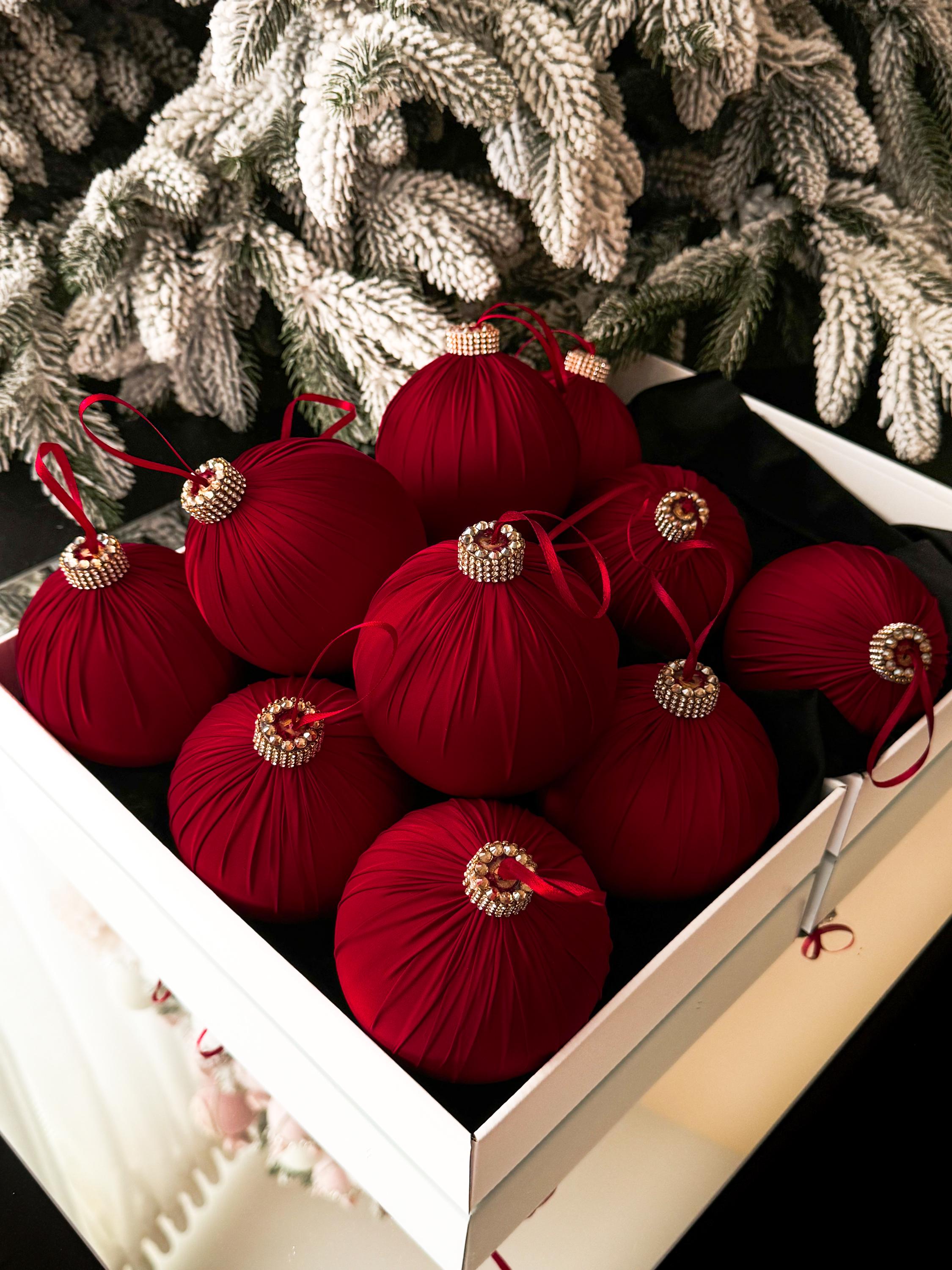 12 Boules De Noël En Velours - Motif Cygne - Couleur Bordeaux/vert - Tailles 5 à 12 Cm - Déco Sapin élégante - 7