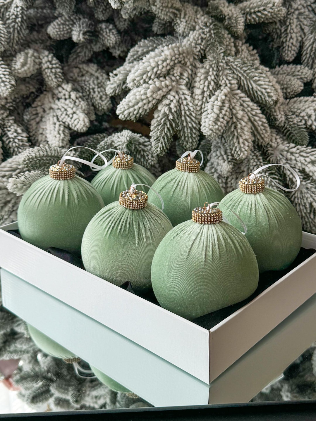 Sage Velvet Christmas 3.97ornaments,6pcs Set,olive Velvet Christmas