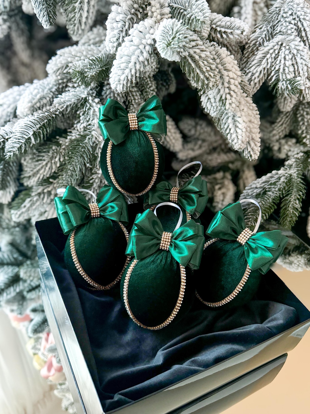 Emerald Green Velvet Christmas Ornaments: Rhinestone &amp; Satin Bow ...