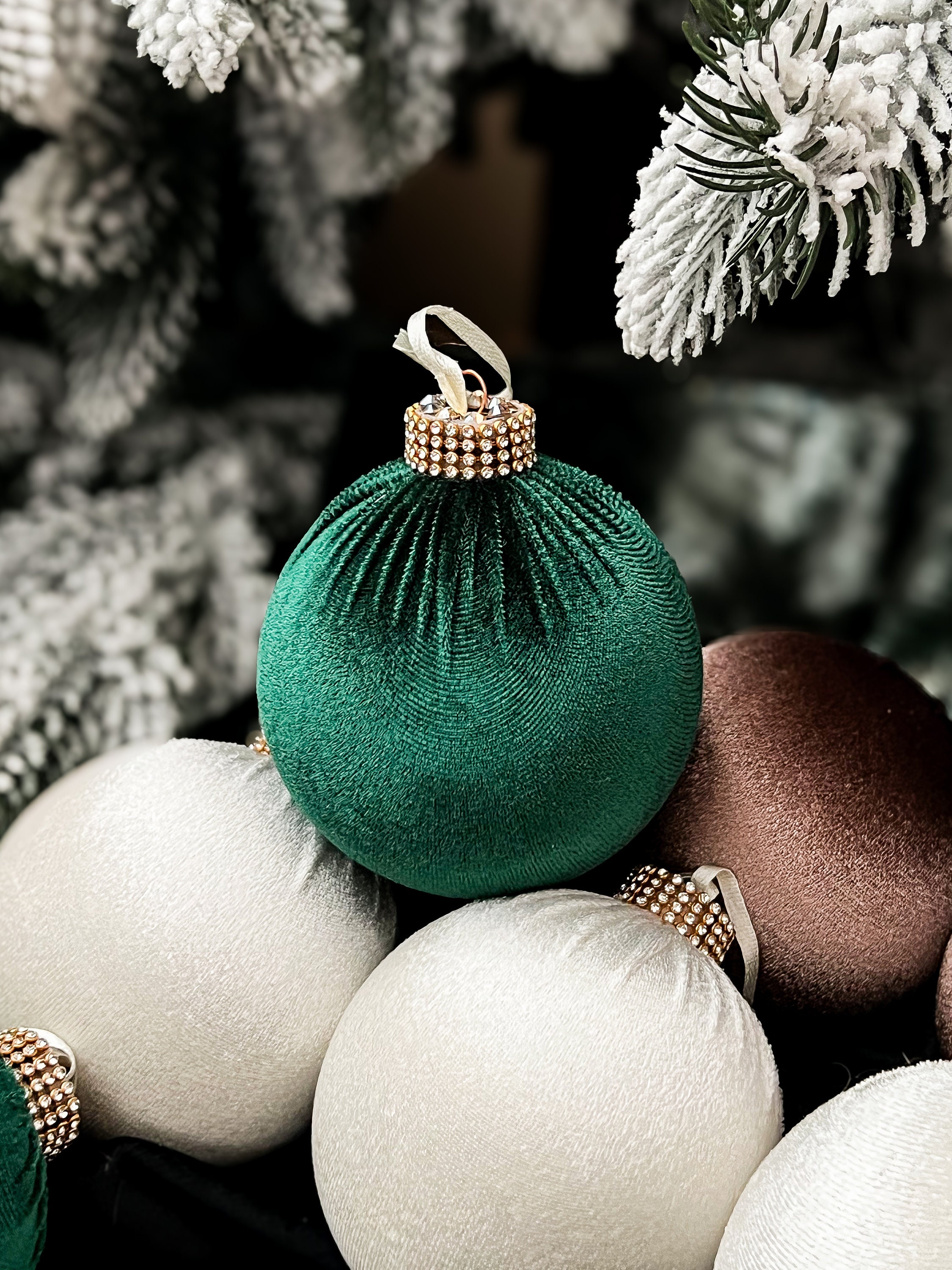CHRISTMAS GREEN DECORATIONS, 9 Pcs Set, Emerald Velvet Christmas Ornaments  , Christmas Beige Tree Decorations , Brown Tree Deco Set 