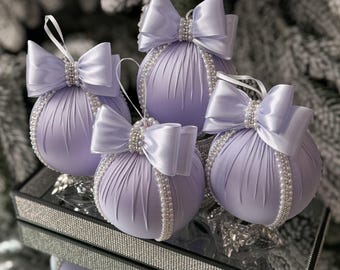 Decorazioni natalizie in seta color lavanda da 3,15" e 4" con palline vintage fatte a mano, set di decorazioni natalizie in stile provenzale