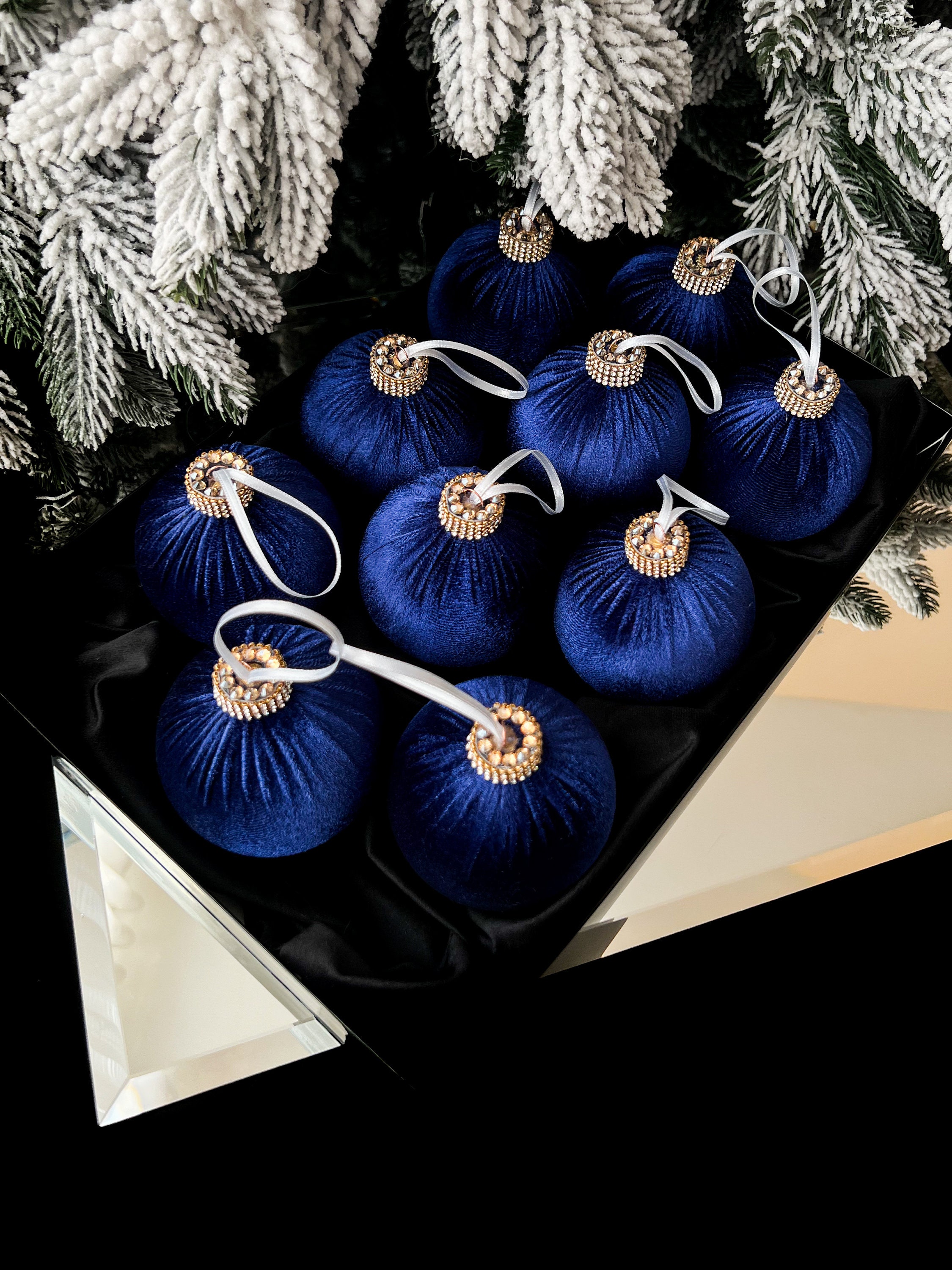 ネイビーブルーベルベットクリスマスオーナメント 3.15インチ 4インチ