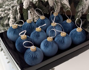 Adornos navideños de terciopelo azul francés de 8 cm/10 cm, juego de decoración para árbol de Navidad con diamantes de imitación (12 piezas)