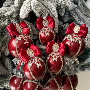 Burgundy Christmas RHINESTONES ornaments 5pcs set, dark red xmas balls, burgundy xmas decorations, burgundy rhinestone baubles for home tree