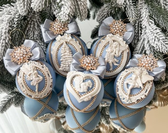 Blue Christmas ornaments 3.15”/4” blue Christmas balls blue satin  Christmas rhinestone decorations baubles for home tree