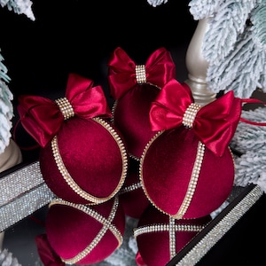 BURGUNDY VELVET CHRISTMAS ornaments  3,15&quot;,dark red velvet xmas balls, burgundy Christmas decorations, burgundy rhinestone baubles for home