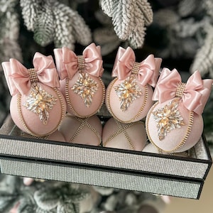 CHRISTMAS VELVET BLUSH pink decoration 3.15”/4”,blush pink Christmas balls,pink Christmas  rhinestone baubles, gold pink Xmas tree ornaments