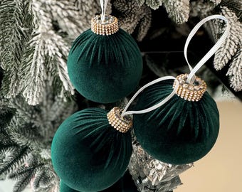 Emerald Green Velvet Christmas Tree Ornaments 3.15"/4" Handmade Baubles Holiday Decor