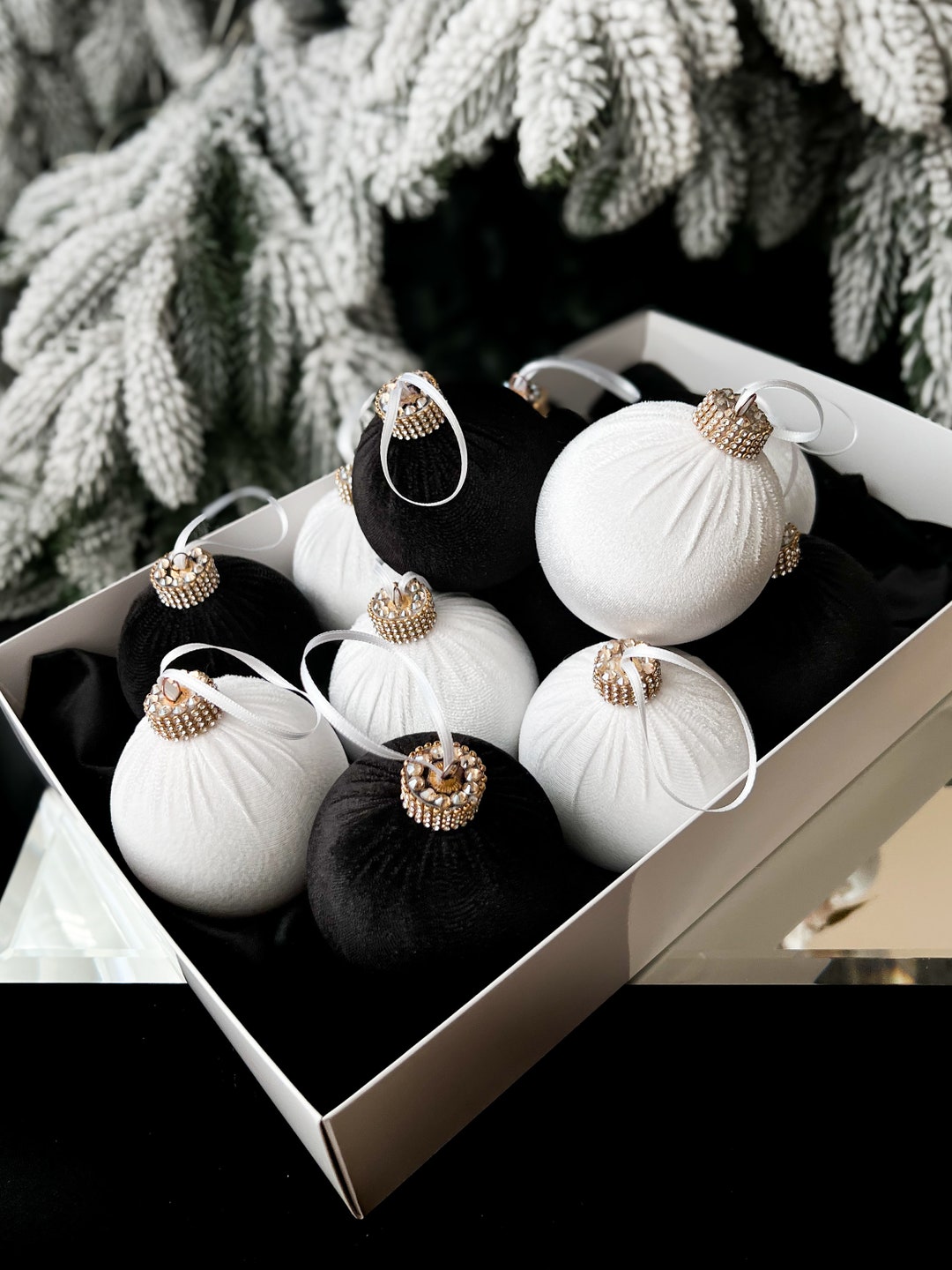 Black and White Christmas 3.15” Velvet Shatterproof Decorations ,black ...
