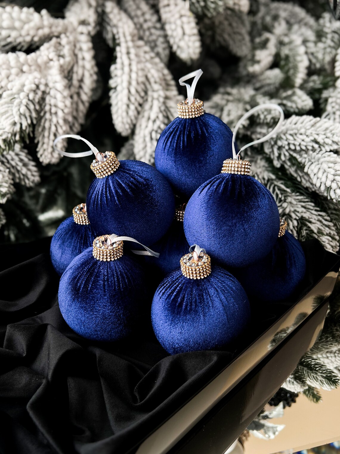 CHRISTMAS NAVY BLUE 3.15 Velvet Decorations, 10 Pcs Set, Dark Blue