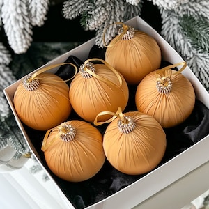 Gold Satin Christmas Ball Ornaments: Rhinestone Baubles, 6-Piece Set