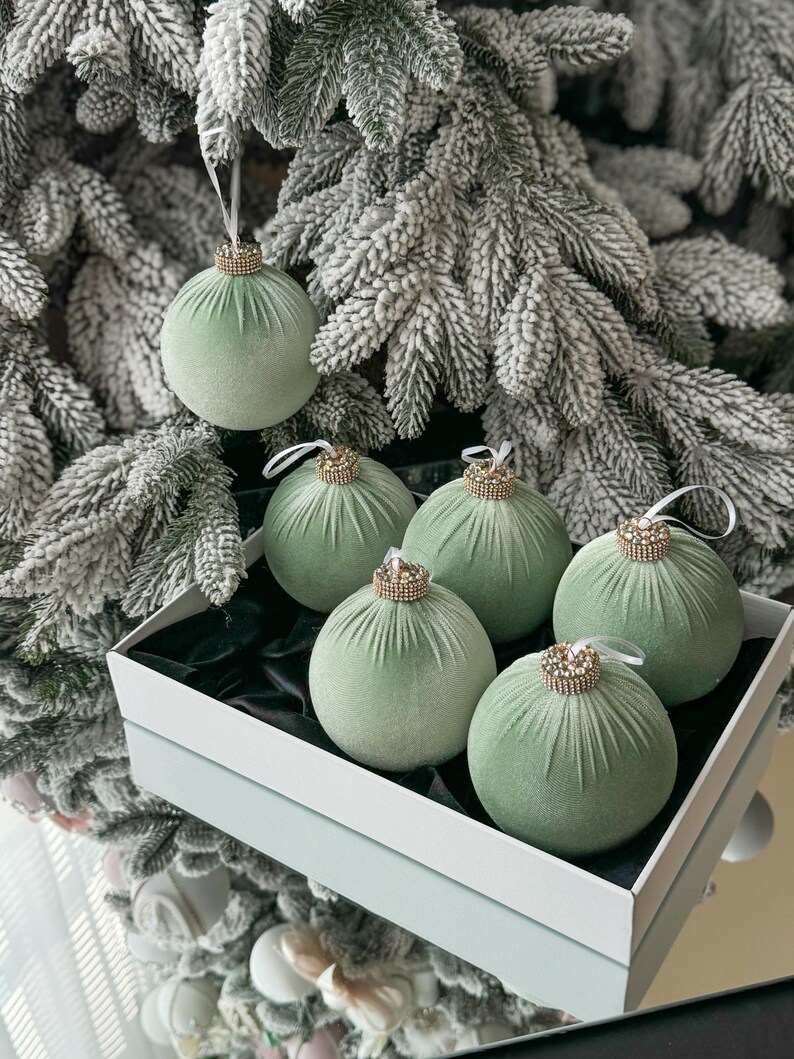 Sage Velvet Christmas 3.97ornaments,6pcs Set,olive Velvet Christmas