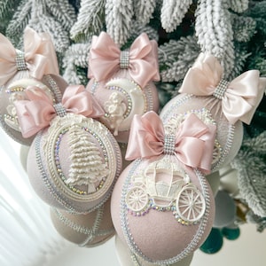 Blush roze strass kerstversieringen 4" beige fluwelen boomversieringen sprookjesachtig thema Kerstballen