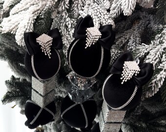 Adorno navideño de lujo de terciopelo negro, hecho a mano, con diamantes de imitación, para decorar el árbol. Regalo de 3,15"/4".