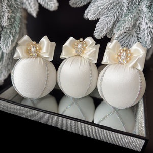 Ivory Velvet Christmas Ornament: Rhinestone Bauble, Elegant Xmas Decor