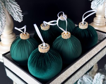 Velvet Christmas Ornaments Emerald Green Set of 6 Handmade Velvet Baubles Luxury Holiday Decor
