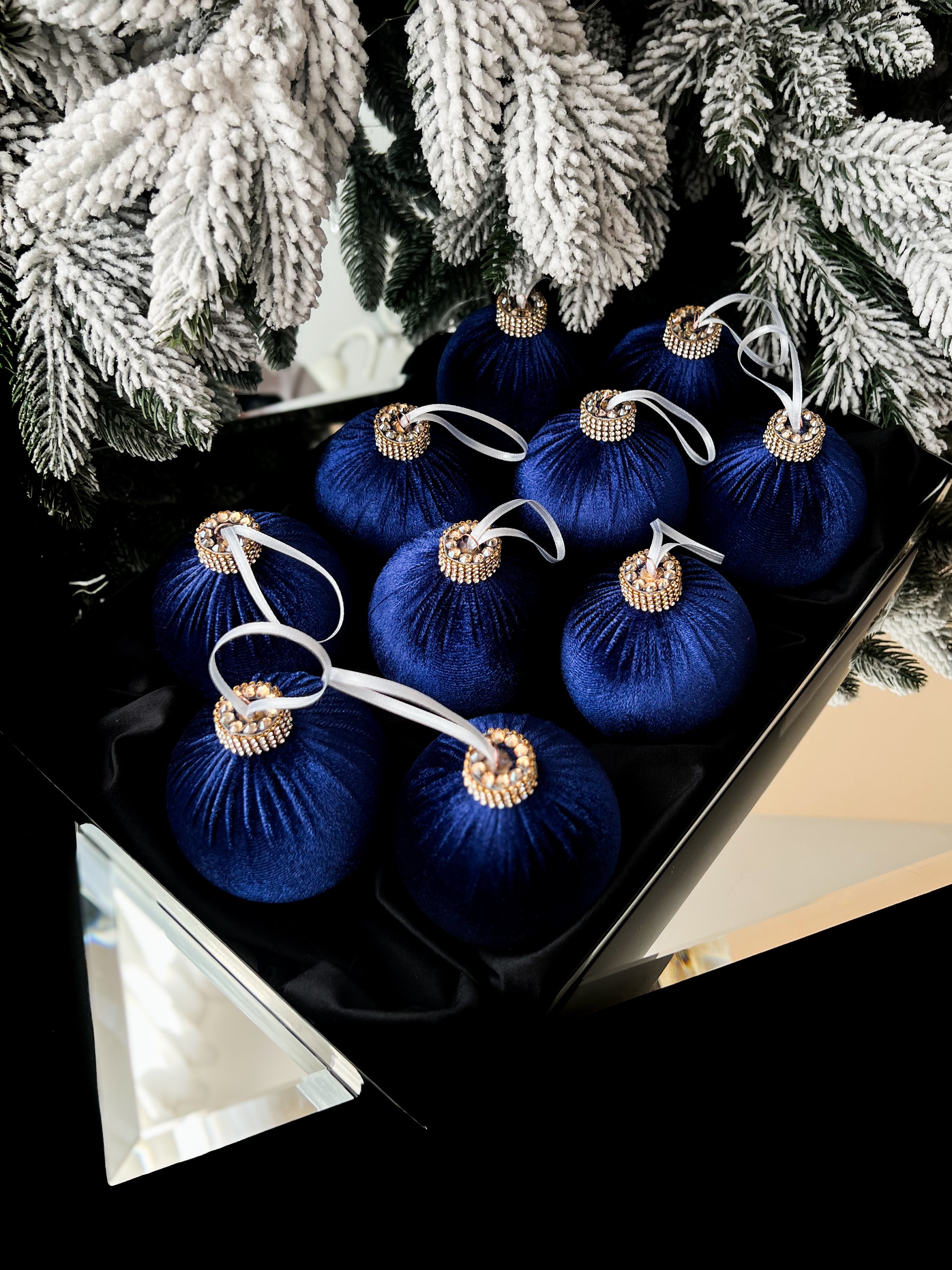 ネイビーブルーベルベットクリスマスオーナメント 3.15インチ 4インチ