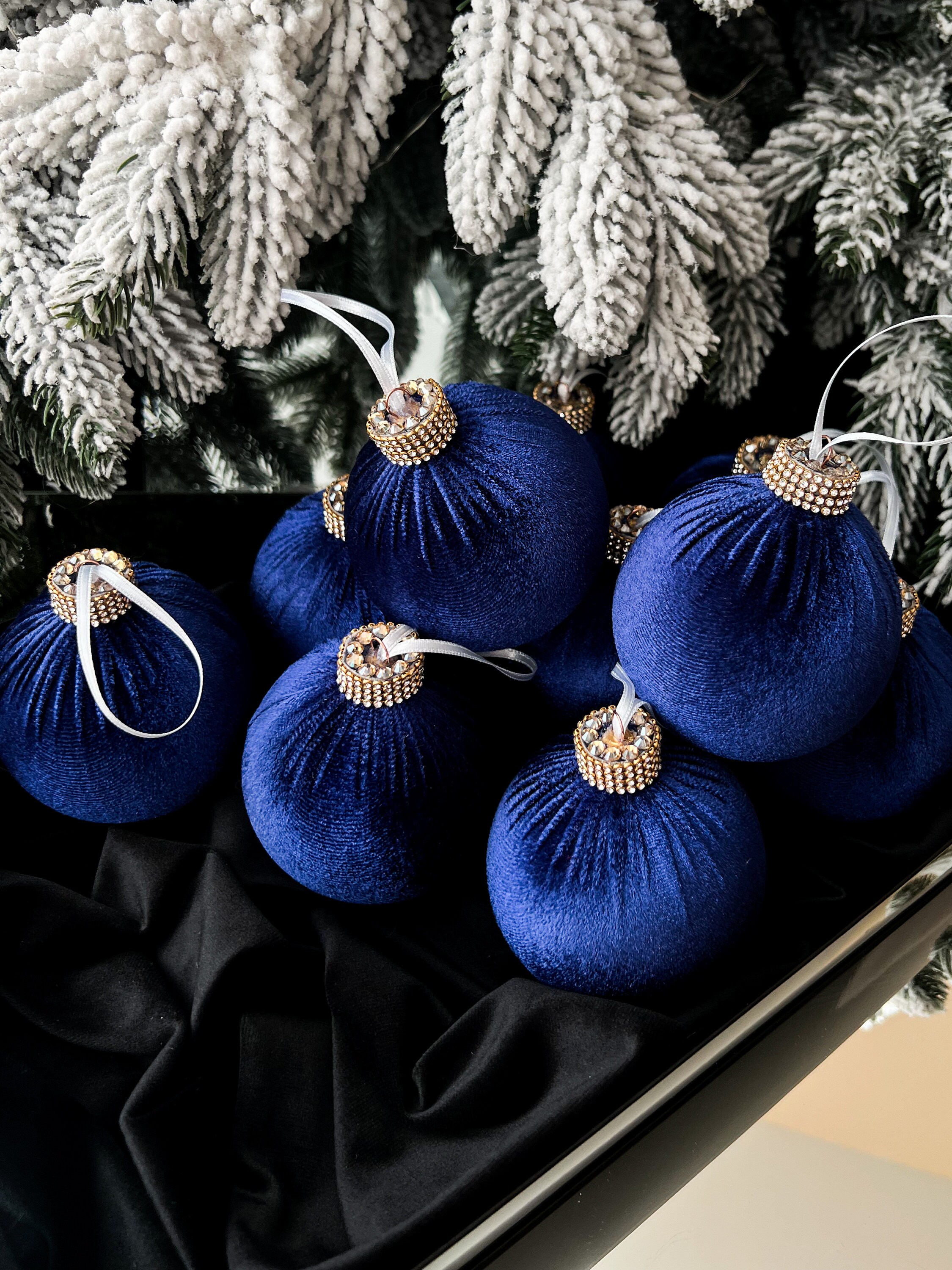 ネイビーブルーベルベットクリスマスオーナメント 3.15インチ 4インチ