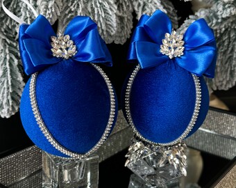 Adorno navideño de terciopelo azul real de 8,25 cm (3,25 pulgadas), adorno para árbol de Navidad con diamantes de imitación