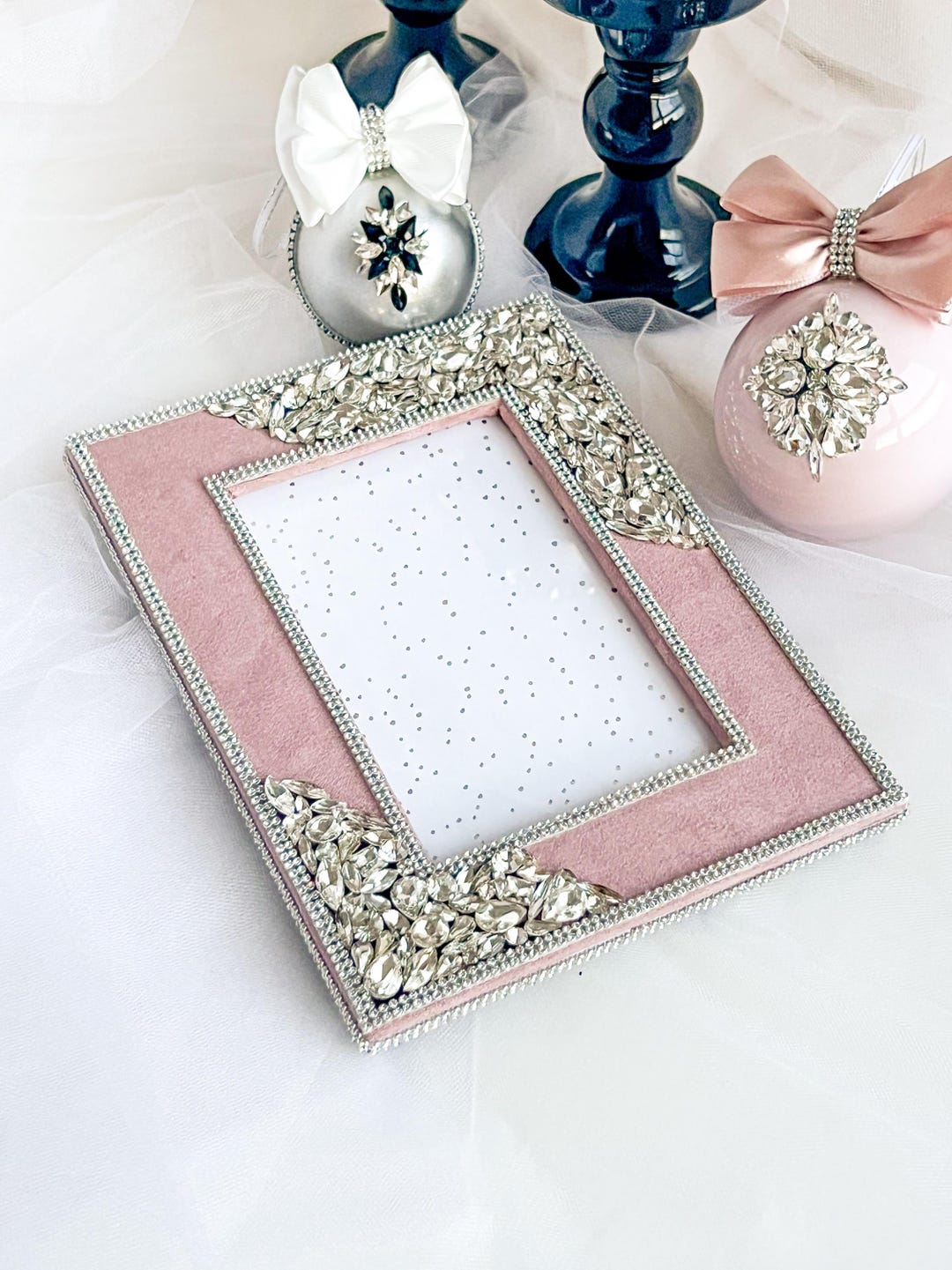 Blush Pink Diamond Photo Frame,photo Frame 4”*6*, Grey Jeweled Velvet ...