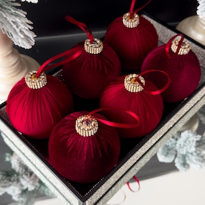 BURGUNDY VELVET and silk CHRISTMAS ball 3.15&quot;-Holiday Decor, Dark red Xmas 6pcs set,  Christmas Balls, Christmas ornaments,xmas Decorations