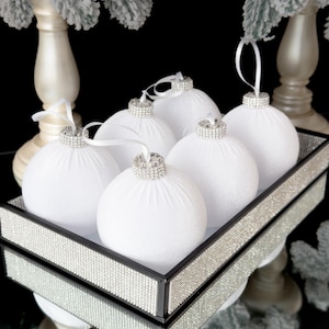 SNOWY WHITE VELVET Christmas balls 3.15” with Rhinestone Tops-cozy and sparkling  Xmas tree Deco set 6pcs, white Christmas decorations