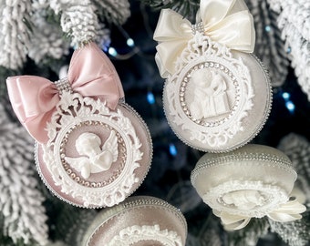 Creme Strass Weihnachtsschmuck / Blush rosa Christbaumschmuck / cremige Samt Weihnachtskugeln