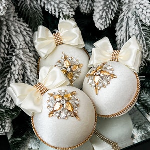 CHRISTMAS  VELVET CREAMY 3.15’’ decorations, Xmas balls ,Handmade rhinestones balls, decoration for home Christmas tree/ holiday ornament