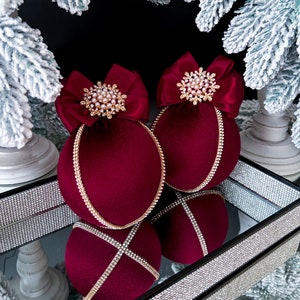 Burgundy Christmas ornaments 3.97&quot;/ 3,15&quot;,dark red velvet xmas balls, burgundy xmas decorations, burgundy rhinestone baubles for home tree