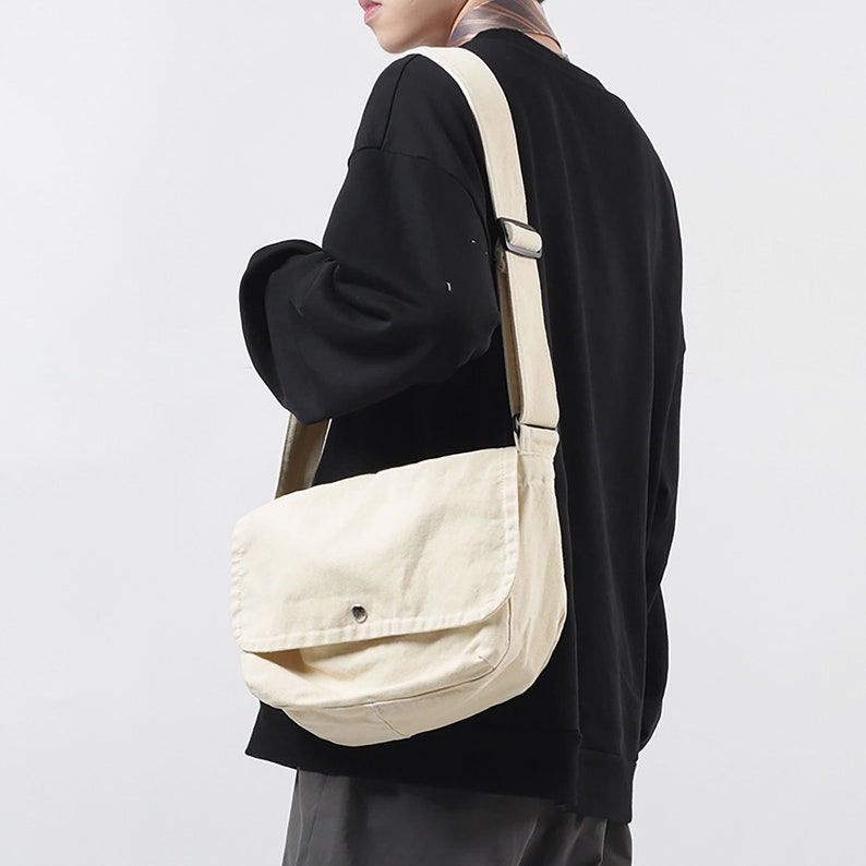 Sac de messager bandoulière en toile coton biologique et fait main artisanal en style minimaliste japonais Crème blanc