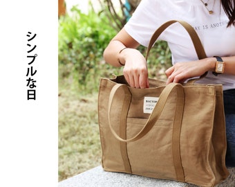 Tote Shoulder bag in organic cotton canvas with large capacity and handmade tote in Japanese minimalist style