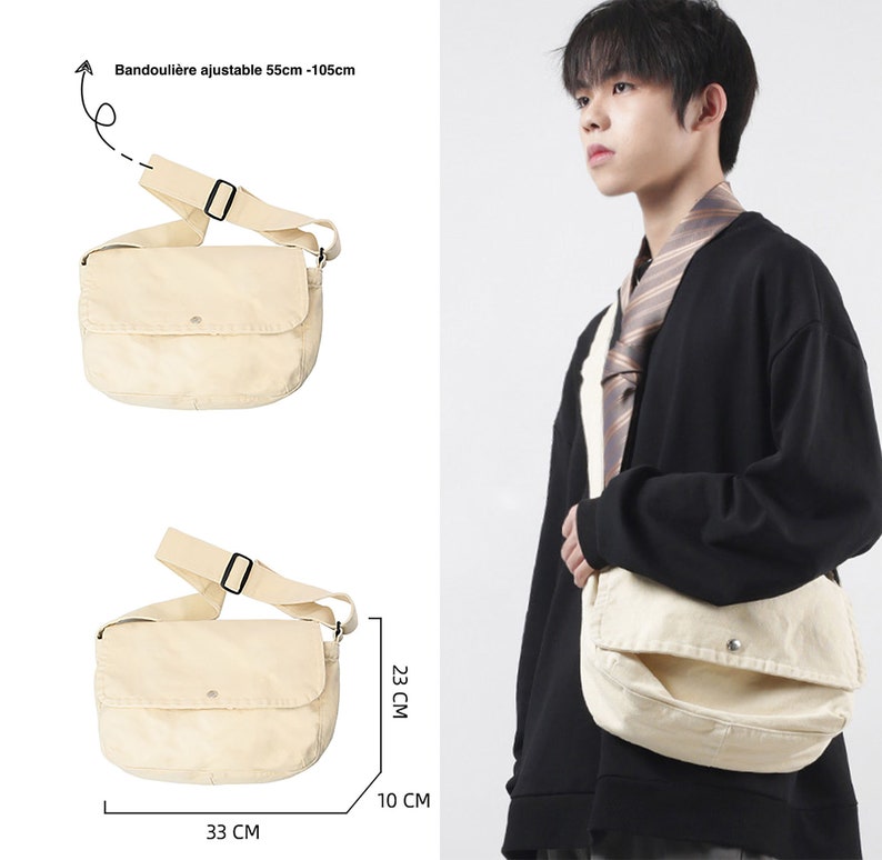 Sac de messager bandoulière en toile coton biologique et fait main artisanal en style minimaliste japonais zdjęcie 3