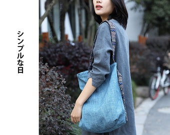 Tote Sac épaule quotidien en toile  avec grand capacité et fourre tout fait main artisanale en style minimaliste japonais