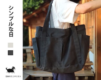Tote Sac épaule quotidien en toile avec grand capacité et fourre tout fait main artisanal en style minimaliste japonais.