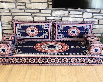Moroccan Rug Upholstered Sofa Floor Seating, Corner Sofa, Turkish Kilim Printed Sofa, Ottoman Pouf, 12" thickness, Personalized Pattern Sofa