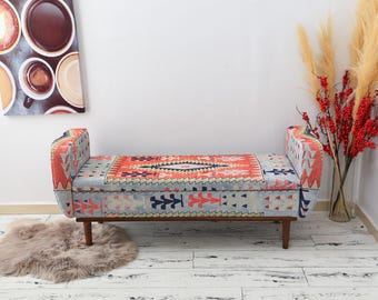 Rustic Sofa with Arms, Handmade Durable Wooden Frame Couch for Cozy Living Room, Farmhouse Decor, Boho Entryway Bench, Handmade Tribal Sofa