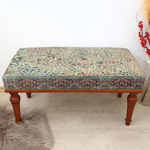 Elegant Floral Ottoman with Ornate Border, Vintage-Style Upholstered Bench with Brown Turned Legs, Classic Decorative Footstool Rustic Style