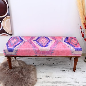 Pink Oriental Bench, Coffee Bench, Ottoman Bench, Upholstered Bench, Turkish Rug Design Bench, Kilim Bench, Home Decor Bench, Handmade Bench