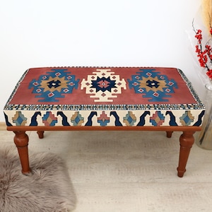 Decorative Kilim Rug Bench, Ottoman Upholstered Bench, Handmade Furniture, Footstool Bench, Aztec Bench, Farmhouse Decor, Entry Bench
