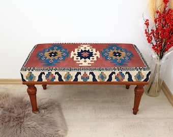 Decorative Kilim Rug Bench, Ottoman Upholstered Bench, Handmade Furniture, Footstool Bench, Aztec Bench, Farmhouse Decor, Entry Bench