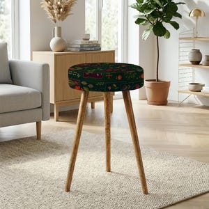 Handmade Kilim-Inspired Upholstered Stool, Anatolian Print Accent Seat