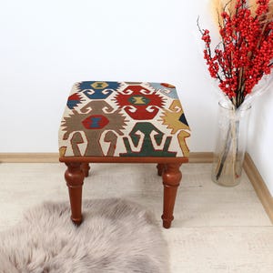 Boho Ottoman Bench 18x18&quot;, Small Entryway Footstool bench, Blue Rug Upholstered Ottoman, Farmhouse Decor Dining Bench, Antique Piano Stool